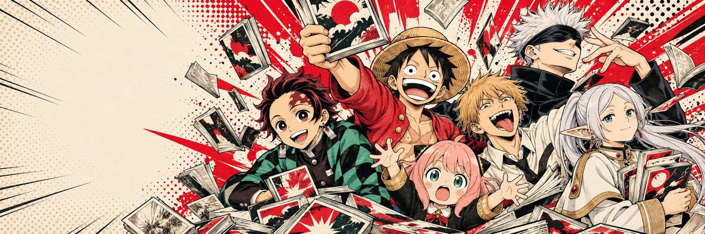 Personagens de mangá comemorando no meio de pilhas de volumes