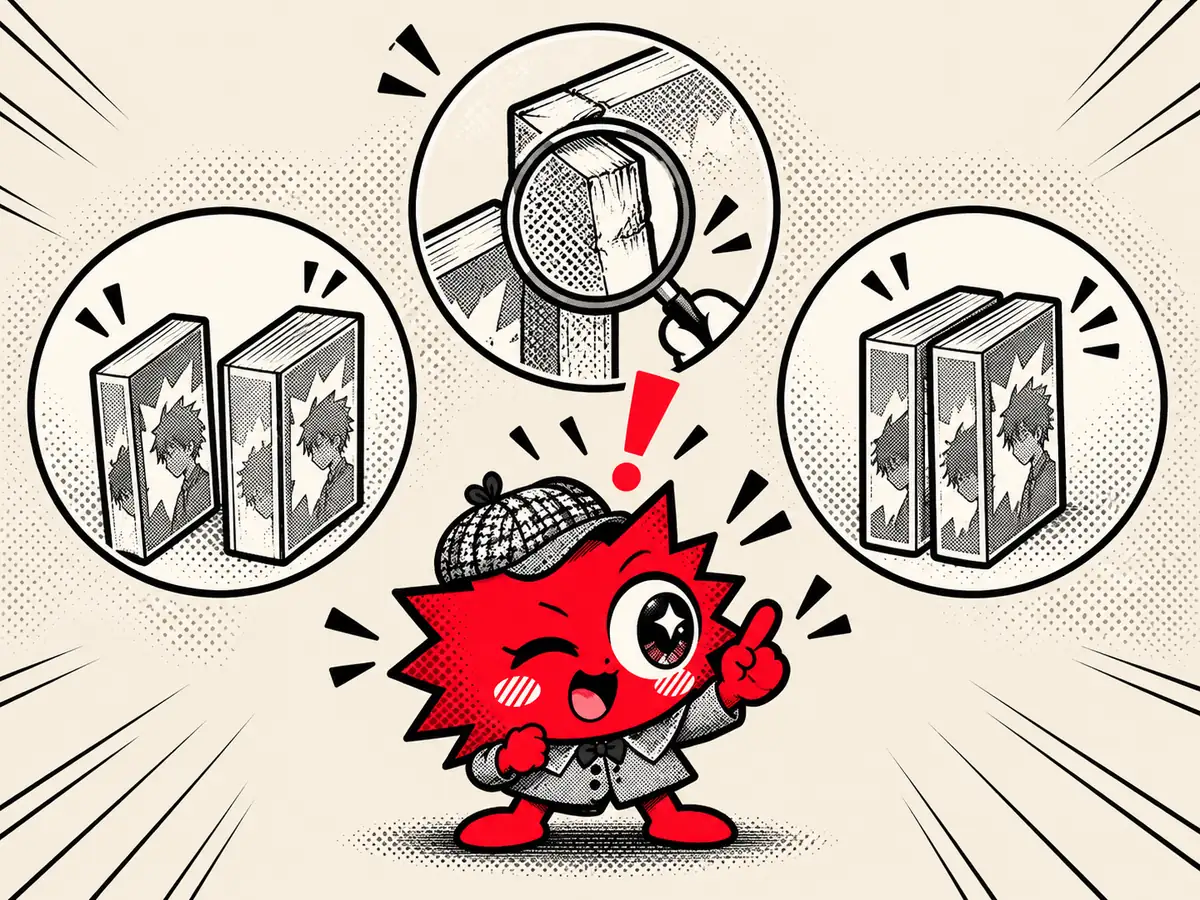 Boomzinho de detetive em alerta, com três ícones: volumes parecidos, uma lupa sobre uma lombada e dois volumes iguais