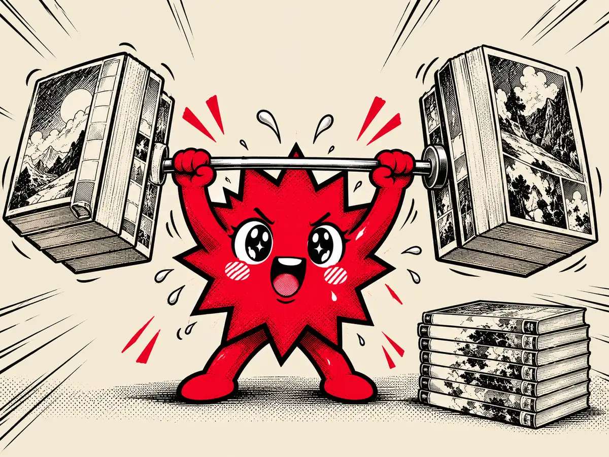 Boomzinho levanta uma barra de peso feita de dois volumes grossos de mangá, suando, com uma pilha de volumes finos ao lado