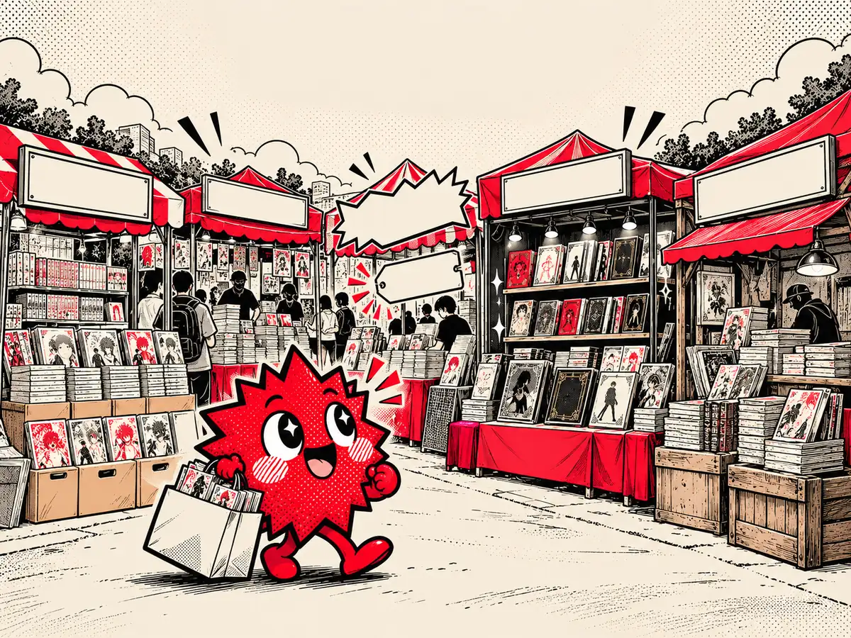 Boomzinho passeia por uma feira de barraquinhas de mangá, carregando uma sacola cheia de volumes