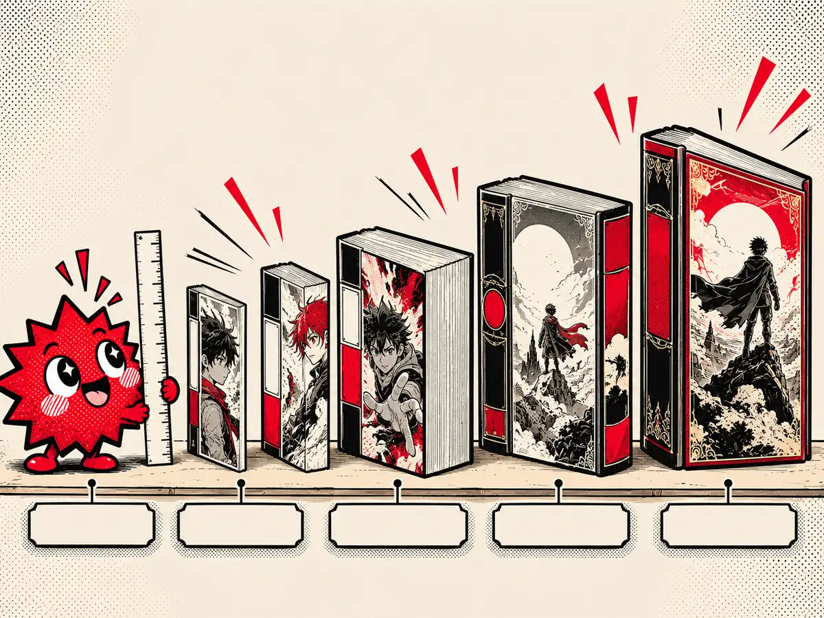 Cinco livros de mangá lado a lado, do mais fino ao mais grosso, com o Boomzinho medindo com uma régua