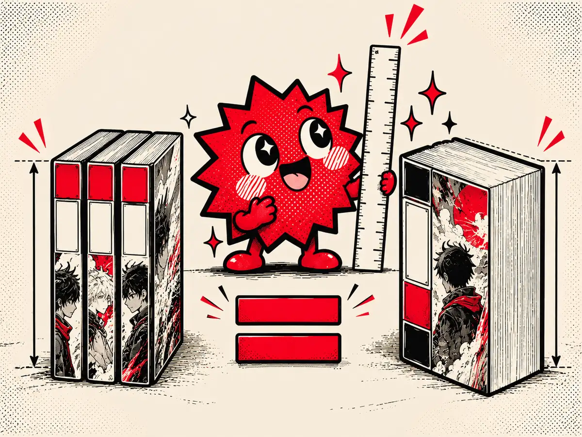 Boomzinho com uma régua ao lado de três volumes finos e um volume grosso da mesma altura total