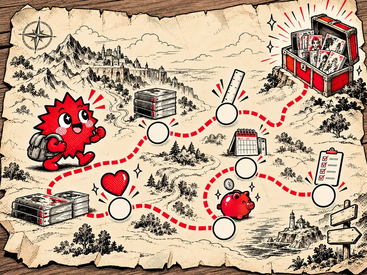 Mapa do tesouro em estilo mangá, com um caminho pontilhado vermelho e seis paradas até um baú cheio de mangás