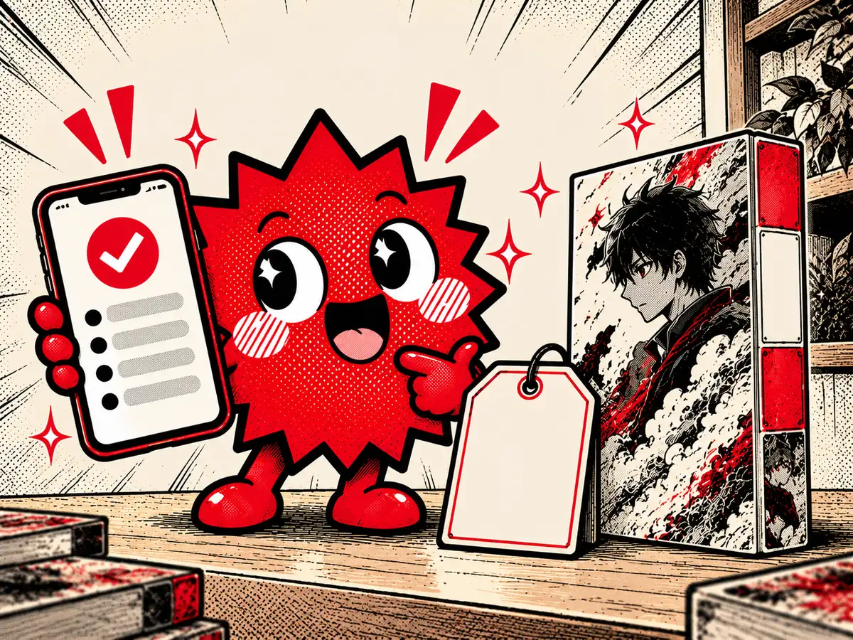 Boomzinho mostra um celular com um visto vermelho na tela, ao lado de uma etiqueta de preço e um volume de mangá