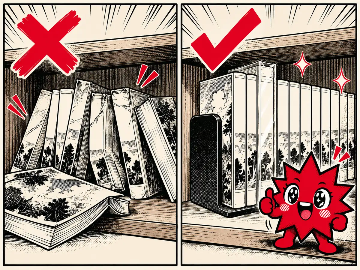 Dois quadrinhos: à esquerda, livros tortos e um aberto virado para baixo com um X vermelho; à direita, livros em pé com aparador e capa plástica, com um visto vermelho e o Boomzinho fazendo joinha