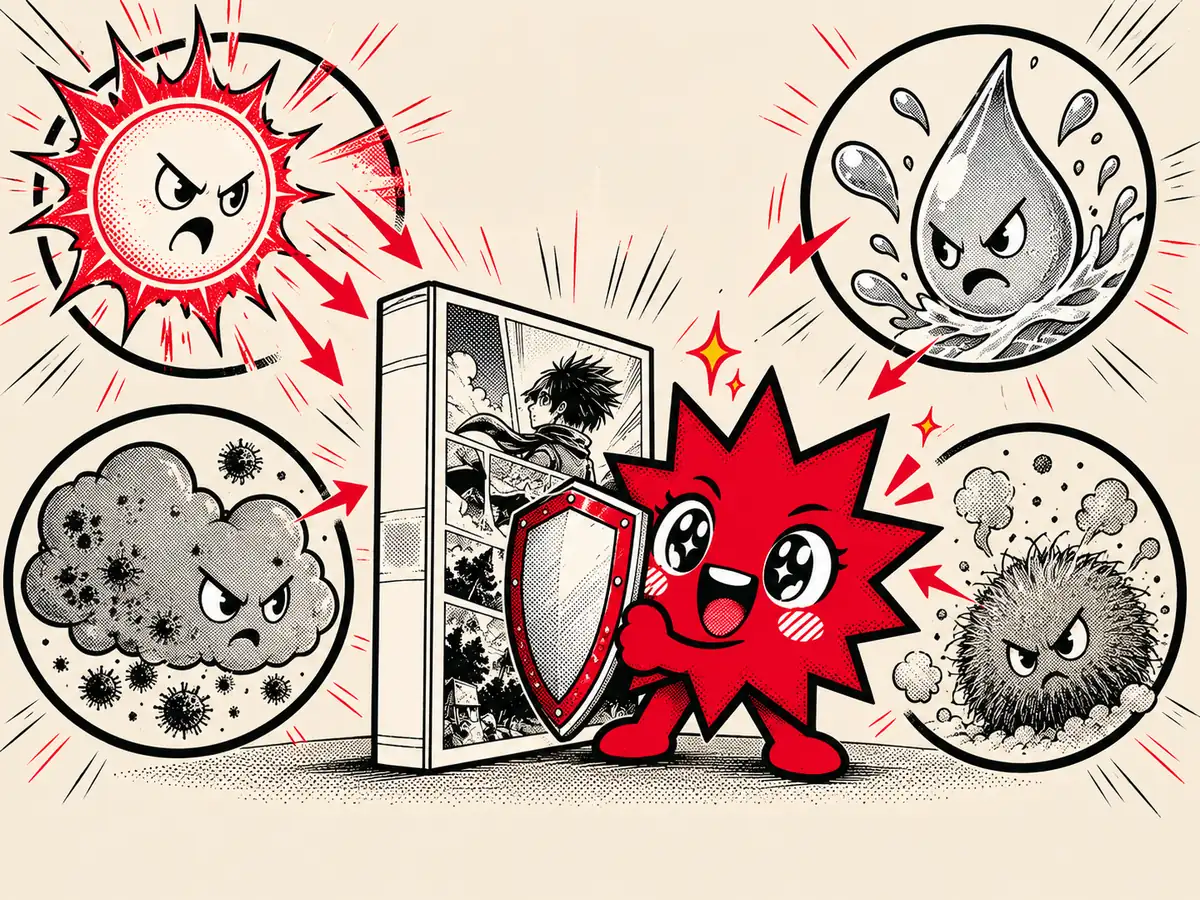 Boomzinho com um escudo protege um volume de mangá de quatro monstrinhos: um sol, uma gota de água, uma nuvem de mofo e uma bola de poeira